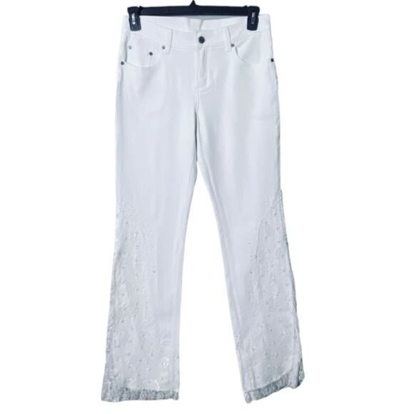 Y2K Womens Fairycore Jeans Size 8 Beaded Lace Hem Wide Leg 70s Flare Pin… - Picture 2 of 10